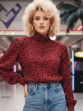 Vintage 80s Givenchy Life Red Leopard Print Wool Turtleneck Button Blouse Sz 12